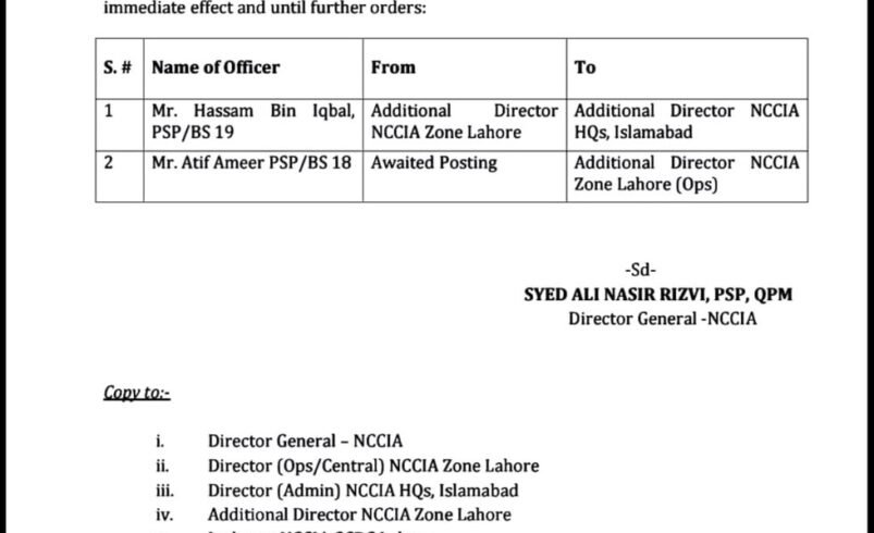 NCCIA Announces New Postings for Two Officers in Lahore