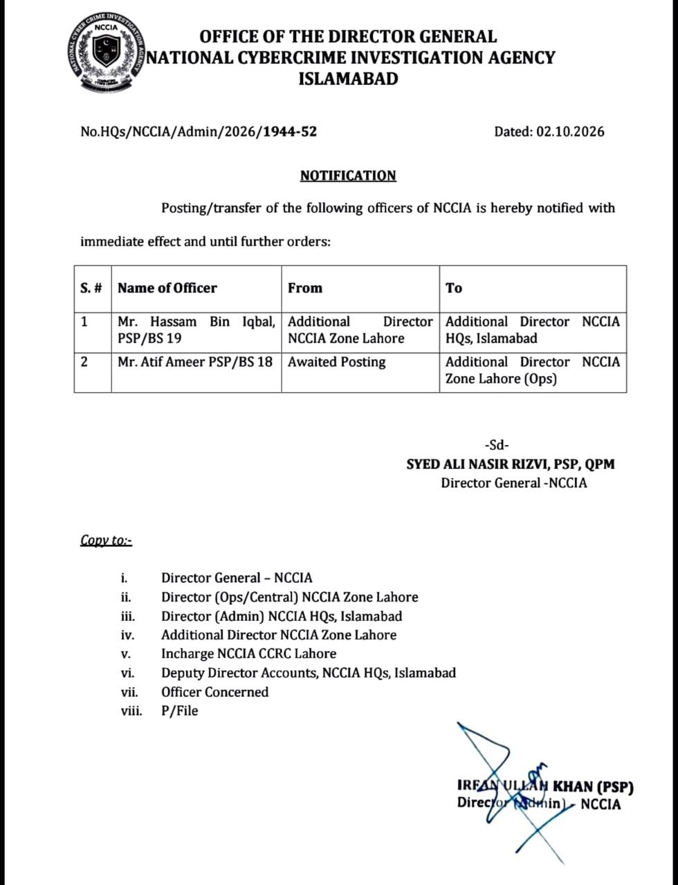 NCCIA Announces New Postings for Two Officers in Lahore